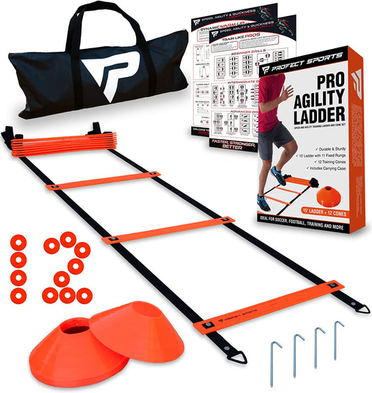 Pro Agility Ladder and Cones - Speed and Agility Training Set with 15 Ft Fixed-Rung Ladder & 12 Cones for Soccer, Football, Sports, Exercise, Workout, Footwork Drills - Includes Heavy Duty Carry Bag