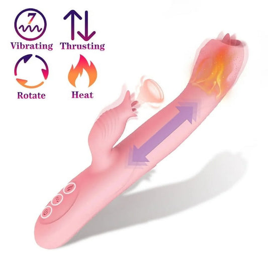 Thrusting Rabbit Vibrator for Women Pleasure Female Sex Toys with 7 Vibrations & Tongue Licking & Thrusting & Rotating & Heating Mode, Waterproof Adult Toy Silicone Stimulator for Couples