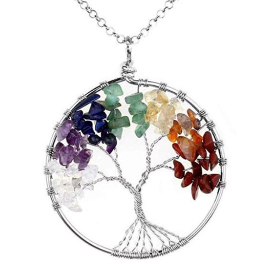 Handmade Genuine Gemstone Rainbow 7 Chakra Crystals Tree of Life Pendant Necklace