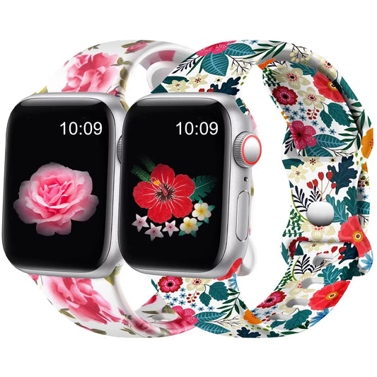 2 Pack Soft Silicone Sport Bands Compatible with Apple Watch Band for Women 42Mm 44Mm 45Mm 49Mm,Floral Printed Strap for Iwatch Ultra SE Series 8 7 6 5 4 3 2 1