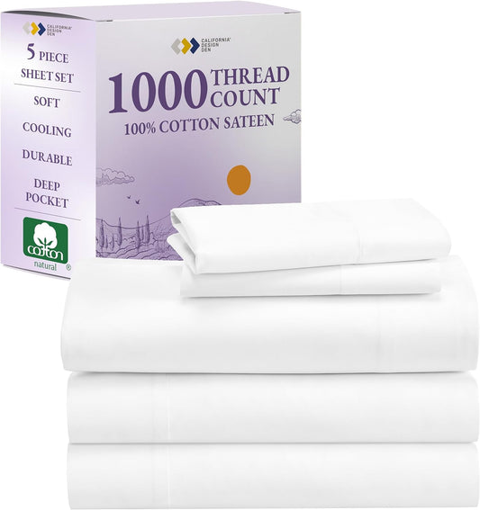 Luxury Split King Sheets for Adjustable Bed, 100% Cotton 1000 Thread Count, Snug Fit, 5Pc Set with 2 Twin-Xl Fitted Sheets, Beats Exaggerated Egyptian Cotton Claims Bright White