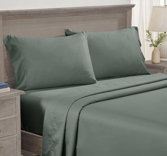 Luxury 4 Piece King Size Sheet Set - 100% Cotton, 600 Thread Count Deep Pocket Fitted and Flat Sheets, Hotel-Quality Bedding with Sateen Weave - Sage Green