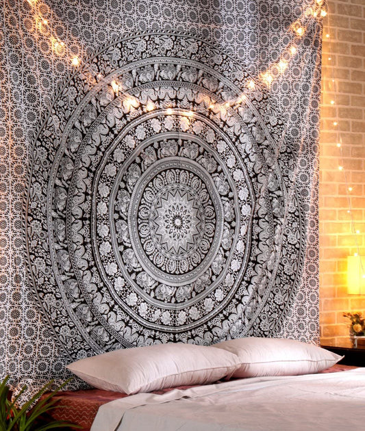 Indian Mandala Large Tapestry Wall Hanging Black and White Elephant Cotton Aesthetic Tapestries for Bedroom Hippie Beach Bohemian Boho Decor Table Cloth Queen 90X84 Inches
