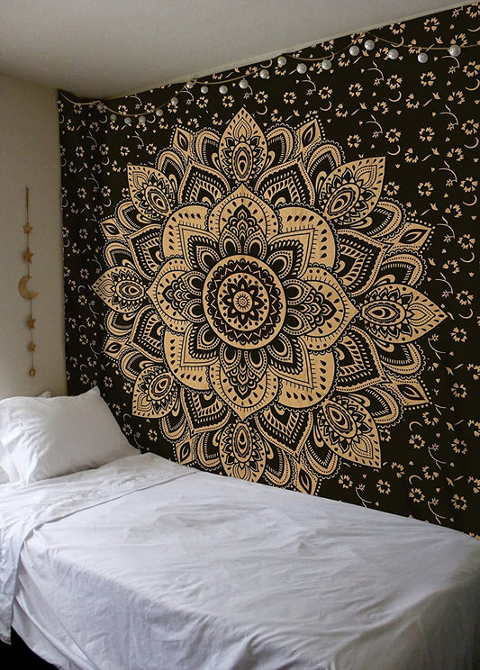 Mandala Tapestry Cotton | Indian Hippie Dorm Bohemian Psychedelic Peacock Mandala | Wall Hanging, Beach Throw, Bedsheet, Table Cover, Yoga Mat | Twin (Black-Gold, 54 X 82 Inch)