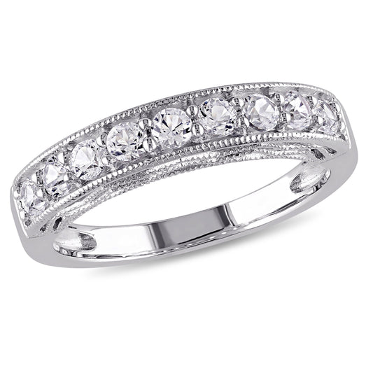 Women'S Anniversary Bridal 4/5 CT T.G.W. Round-Cut Created White Sapphire Sterling Silver Semi-Eternity Anniversary Ring with Pave Setting and Milgrain Detail