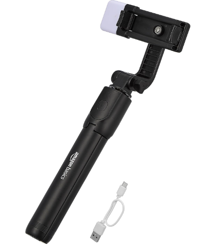 amazon basics Extendable Bluetooth-Enabled Selfie Stick/Tripod with Wireless Remote, White Light, 2 Colour Modes, Useful for Selfies, Makeup, Vlogging and Portrait Shots (SA)