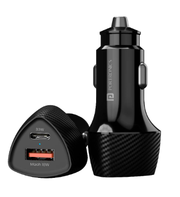Portronics 51W Car Power 16 Fast Car Charger with Dual Output, 51 Watts Total (18W USB + 33W Type C PD), Fast Charging, Adapter for iPhone & Android Smartphones and Tablets (Black) (SA)