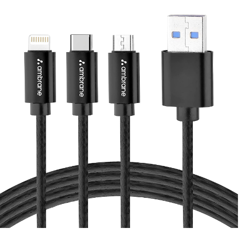 Ambrane Unbreakable 3 in 1 USB Fast Charging Cable with Type C, Lightning, Micro USB Port with 2.1 A, Compatible with iPhone, iPad, Samsung, OnePlus, Mi, Oppo, Vivo, Xiaomi, 1.25M (Trio-11, Black) (SA)