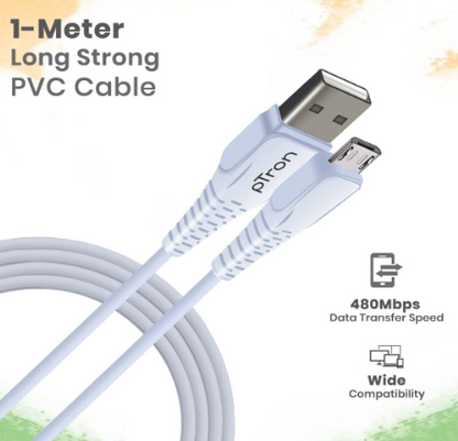 pTron USB-A to Micro USB 2.4A Fast Charging Cable compatible with Android Phones/Tablets, 480mbps Data Transfer Speed, Made in India, Solero M241 Tangle-free USB Cable (Round, 1M, White) (SA)
