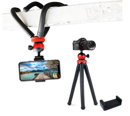 Adofys Flexible Gorillapod Tripod with 360° Rotating Ball Head Tripod for All DSLR Cameras(Max Load 1.5 kgs) & Mobile Phones + Free Heavy Duty Mobile Holder(Black) (12 Inch, Black and Red) (SA)