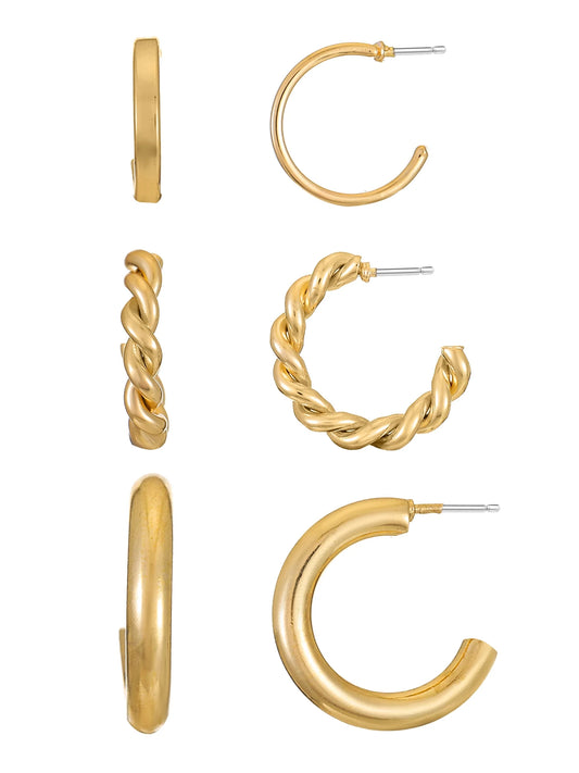 Gold Hoop Earring Trio for Women, 3 Pairs