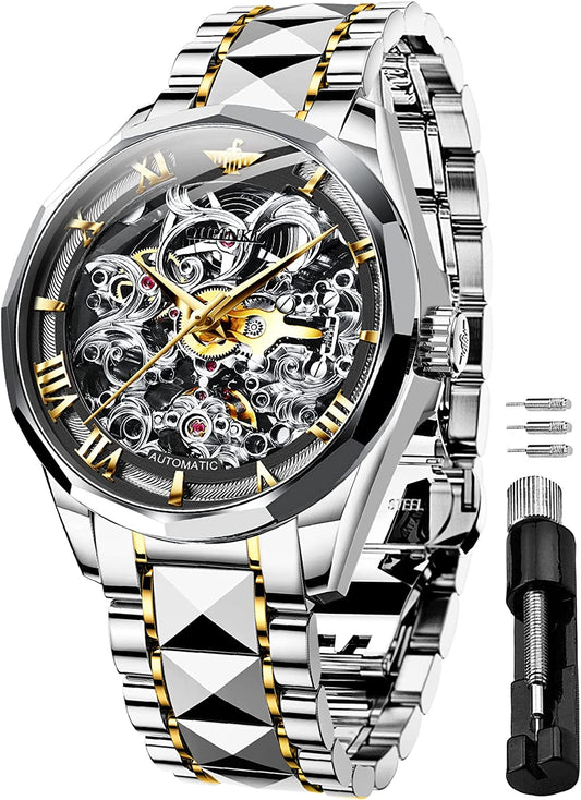 OUPINKE Men'S Skeleton Mechanical Watches Luxury Dress Automatic Self Winding Sapphire Crystal Waterproof Tungsten Steel Band Wrist Watches