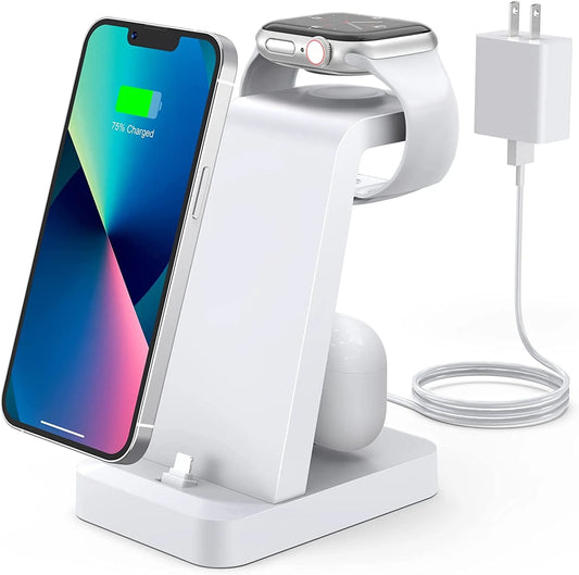Charger Station for Iphone Multiple Devices - 3 in 1 Fast Wireless Charging Dock Stand for Apple Watch Series 7 6 SE 5 4 3 2 & Compatible with Iphone 14 13 12 11 Pro X Max XS XR 8 7 plus with Adapter