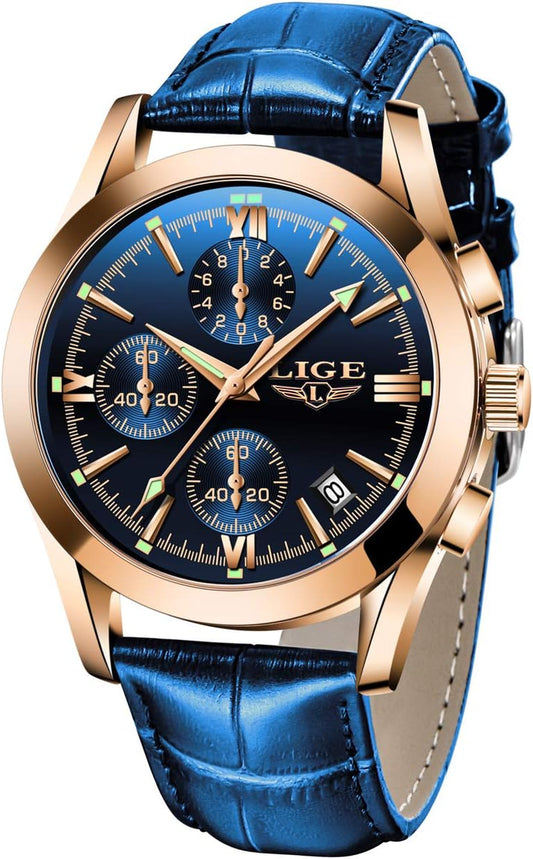 Mens Watches Casual Blue Leather Analog Quartz Watch Men Black Fahison Dress Wristwatch Men'S Waterproof Chronograph Sport Clock Business Date Casual Watch Men
