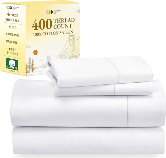 Full Size Bed Sheets, Good Housekeeping Award Winner 400 Thread Count 100% Cotton Sheets Sateen, Deep Pocket Full Size Sheet Sets, Soft 4-Pc Breathable & Cooling Sheets (White)